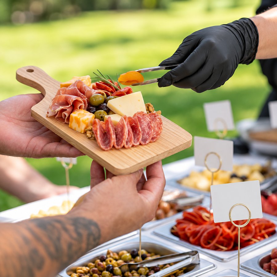 Personal con guantes sirviendo una mini tabla de madera con jamón, salame, queso y aceitunas en el carrito